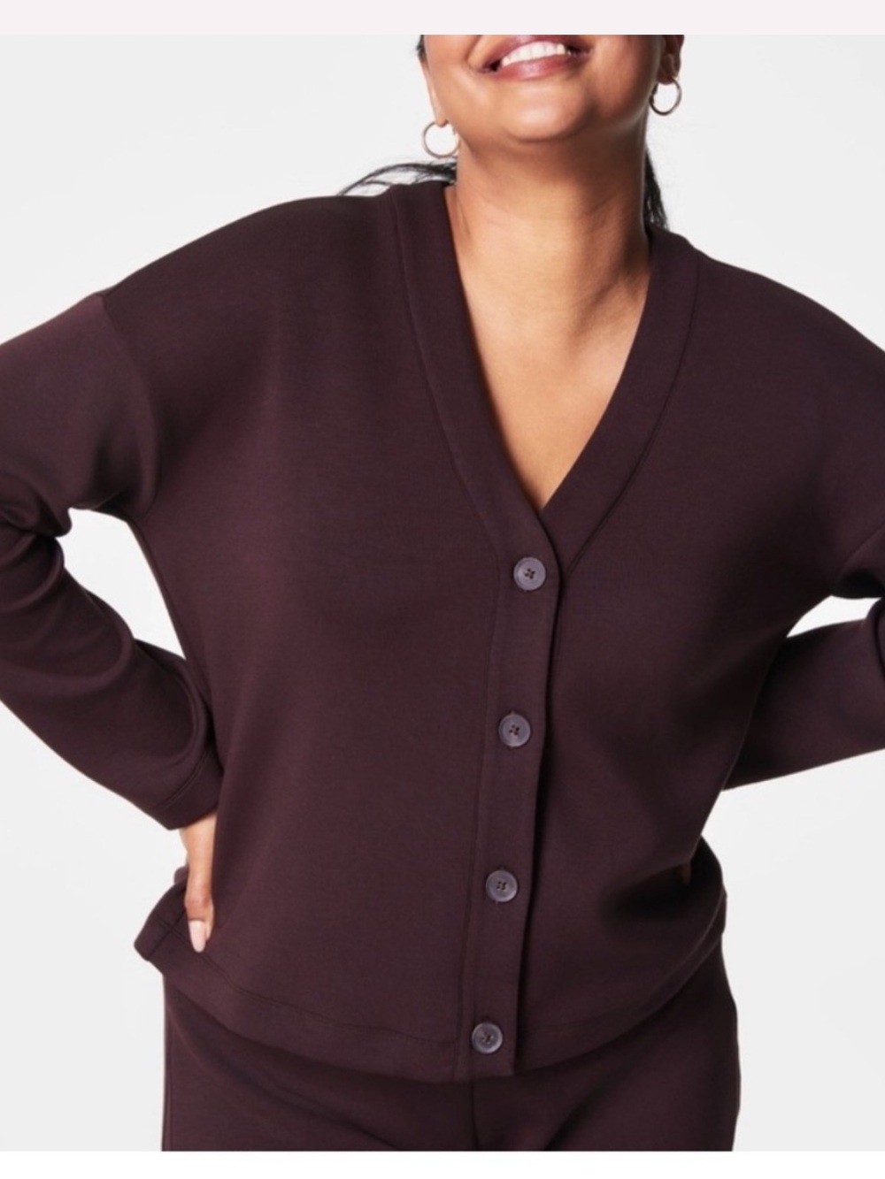 Spanx AirEssentials V-Neck Button Front Cardigan in truffle brown Medium